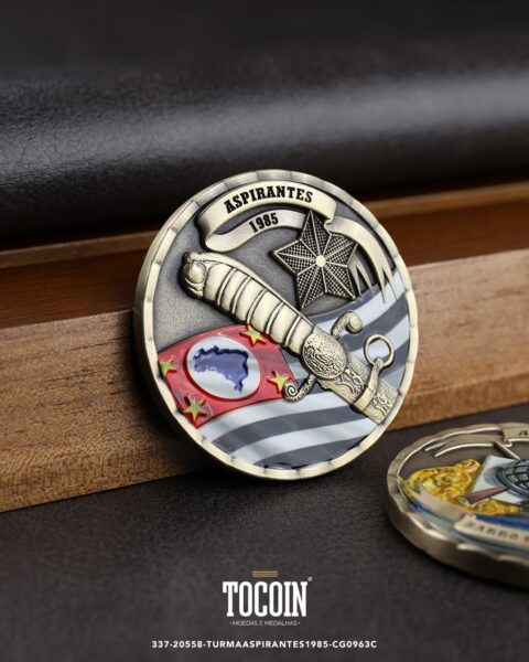 Moeda militar personalizada – challenge coin – 337-20558-TURMAASPIRANTES1985-CG0963C
